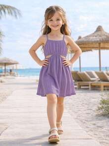 Rochie scurtă mov pentru fete, fără mâneci, cu scobituri laterale și talie elastică, fustă evazată cu textură ondulată, ținută elegantă de vacanță de vară - Mov Mov - Vizualizare 5