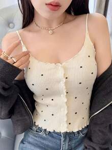Korean Style Summer Retro Polka Dot Frill Trim Camisole Top, Sexy Slim Fit Ribbed Knit Crop Top, Sweet & Sexy Layering Piece, INS Soft White Ribbed Texture Single-Breasted Top With Buttons That Can Be Unbuttoned - Apricot - View 3