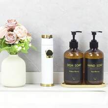 2个500毫升/16.9盎司PET材质液体皂液器和洗洁精瓶套装，带泵头、漏斗和防水标签，可选配竹制托盘，台面按压式液体皂液器，适用于厨房和浴室盥洗台，黑色/白色/卡其色可重复灌装瓶，浴室配件 - 多色 - 查看 6