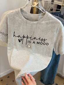 Women's New Casual Cute Pattern Loose Versatile Round Neck Short Sleeve T-Shirt, Fashionable Daily Vacation Wear. Women's Printed Short Sleeve T-Shirt, Suitable For Valentine's Day, Back To School Season, Teacher's Day And Other Holidays. Summer - Grey - View 2