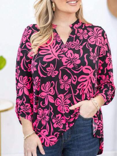 Blusa de mujer con estampado floral negro y rosa, mangas de obispo, bajo asimétrico, tela sin estiramiento