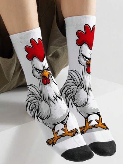 一双趣味十足的印花袜子，品牌风格，360°数码印花公鸡图案，独特俏皮的中筒袜，百搭街头情侣袜，适合所有季节的休闲运动袜