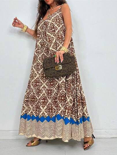 Plus Size V-Neck Sleeveless Bohemian Style Dress Vacation Elegant Summer