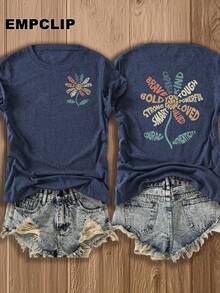 Women's Double-Sided Print Cotton Blend T-Shirt Patriotic Independence Day Gift Empowering Floral & Inspirational Quotes Tee Fashion Graphic For Motivated Women Casual Wear & Fitness Enthusiasts - 藏蓝色 - 查看 1