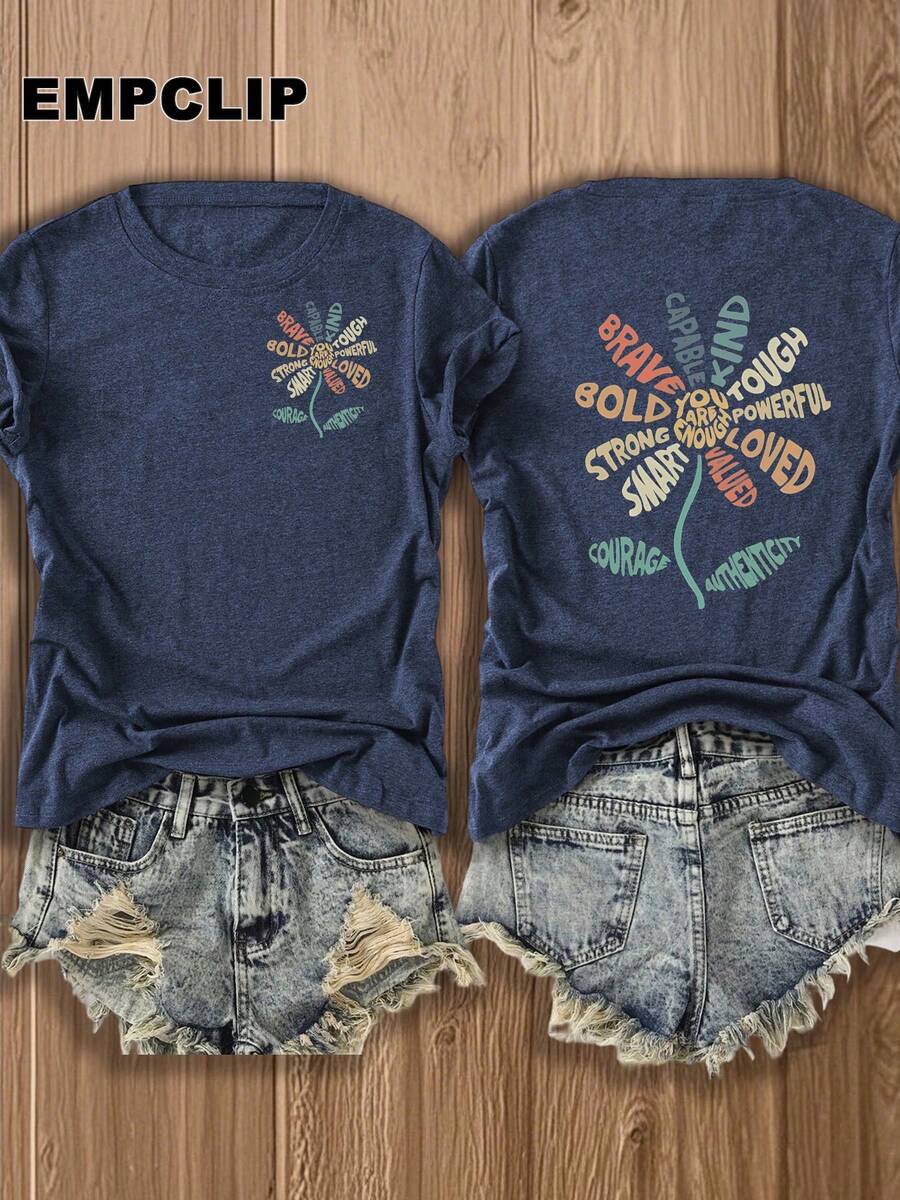 Women's Double-Sided Print Cotton Blend T-Shirt Patriotic Independence Day Gift Empowering Floral & Inspirational Quotes Tee Fashion Graphic For Motivated Women Casual Wear & Fitness Enthusiasts - 藏蓝色 - 查看 1