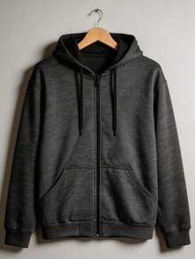 Plain Fleece Sweatshirt With Zipper And Hood, Unisex. - 深灰色 - 查看 1