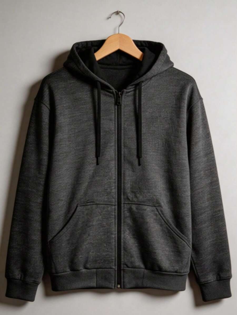 Plain Fleece Sweatshirt With Zipper And Hood, Unisex. - 深灰色 - 查看 1
