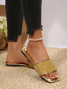 2025 Nuevas sandalias planas de verano para mujer, tipo slip-on, minimalistas, versátiles y antideslizantes para la playa - Dorado - Ver 5