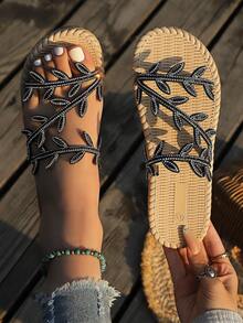 Sandal nữ thời trang mùa hè phong cách boho đính đá hình cánh hoa, kiểu dáng mới, có dây buộc, thích hợp đi biển. - màu đen - Xem 4