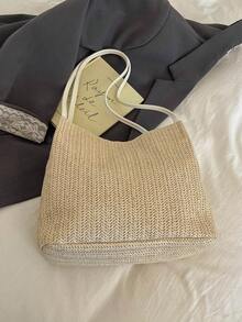 Large Capacity Woven Bag With Bow, Fashionable Straw Tote Bag, Summer Trending Shoulder Beach Bag - White - View 9