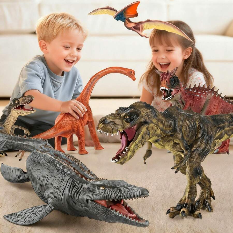 6PCS Large Solid Plastics Durable Dinosaur Toys Set For Kids Ages 3-12 Years Old, Realistic-Looking  Dino T-Rex Carnotaurus, Blue Velociraptor, Mosasaurus Toy, Preschool Dinosaur Learning Toys,  Perfect Party Favors Birthday Imaginative Play Gifts For Boys Girls Children, Preschool Counting - 彩色 - 查看 1