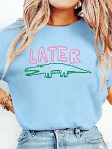 Women's Funny Later Gator T-Shirt - Sarcastic "Later" Crocodile Graphic Tee In White & Pink - Lightweight Everyday Shirt For Women - Machine Washable Casual Top, Allseason Apparel, Playful Graphic Shirt, Comfortable Fit ShirtBreathable All-Season Round Neck Printed T-Shirt - 淺藍色 - 查看 4