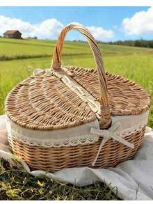 1pc Handmade Picnic Basket, Natural Wicker Basket, Rustic Style Wicker Picnic Basket Gift Basket With Lid, Handle And Lining, Suitable For Picnic, Party And BBQ, Basket, Woven Basket, Wicker Basket, Gift Basket, Wicker Basket, Picnic, Basket With Handle - A - View 2