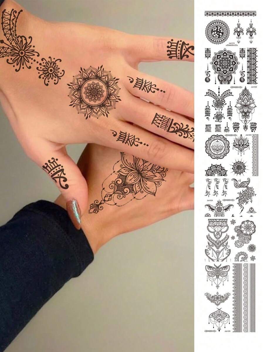 7 Sheets Lady Body Art Temporary Tattoo Sticker, Black Henna Tattoo Sticker, Flower And Butterfly Pattern, Waterproof Fake Tattoo, Lasts 2-5 Days, Can Be Used On Fingers, Arms, Neck, Shoulders, Waist, Legs And Back, Suitable For Festivals, Parties, Music Festivals And Gifts, Quickly Achieve Body Art. - Black - View 1