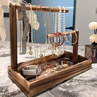 1 pieza Soporte de exhibición de joyas de madera de estilo vintage de varios niveles con bandeja, adecuado para exhibir collares, aretes, anillos, la bandeja inferior proporciona espacio de almacenamiento adicional, se puede usar como estante de exhibición de joyas, organizador de joyas, decoración navideña, regalo del Día de la Madre