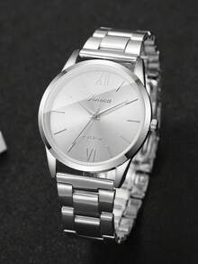 4件套女士时尚休闲罗马数字表盘优雅石英表+手链，不含表盒 - 銀色 - 查看 8