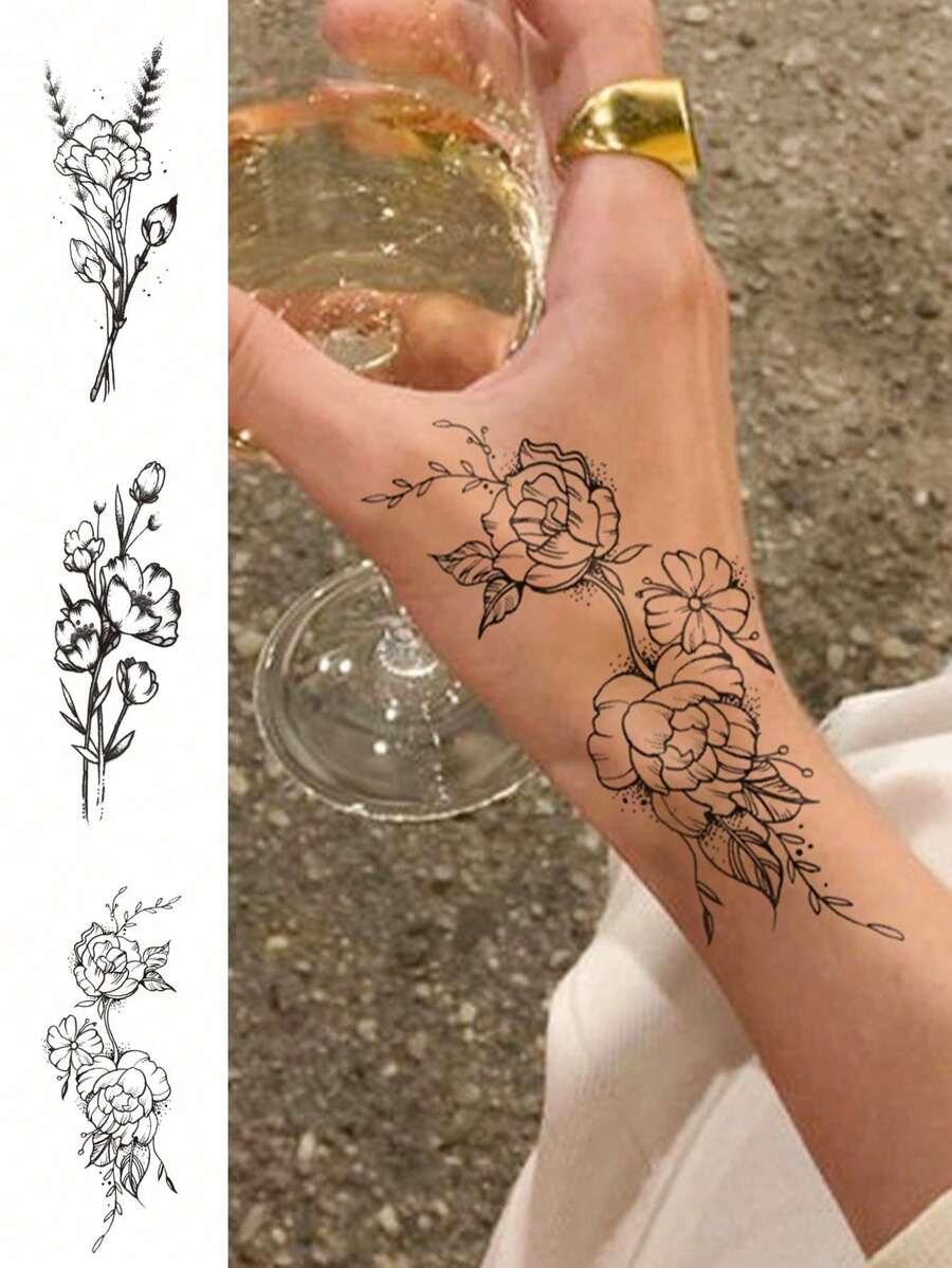 3 feuilles de tatouages temporaires pour le corps pour dames avec un design floral et pivoine élégant. Tatouage factice imperméable, dure 2 à 5 jours. Peut être utilisé sur les mains, les bras, le cou, les épaules, la poitrine, les jambes et les chevilles. Parfait pour les occasions telles que les festivals, les fêtes, les mariages et les festivals de musique. Facile à utiliser et à enlever. - Noir - Voir 1