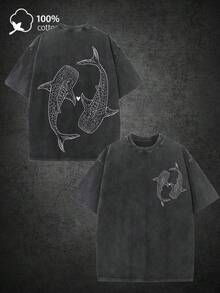 BOTANICBEAT 1pc Men'S Whale Shark Graphic T-Shirt - Heavyweight 220gsm Washed Cotton Tee, Relaxed Fit Drop Shoulder Shirt For Beach, Casual Outfits & Everyday Streetwear - Soft Breathable Summer Top, Beach T Shirt, Retro Street Style, Comfortable Fabric, Short Sleeve Tee, Young Adults Mens Clothes Summer Clothes - 黑色 - 查看 6