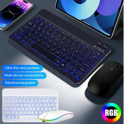 无线蓝牙RGB键盘鼠标套装，超薄可充电背光键盘鼠标套装，静音点击，兼容iPad、iOS、安卓、Windows系统、笔记本电脑、平板电脑，7种RGB颜色和2种灯光模式，适合便携旅行和办公使用。