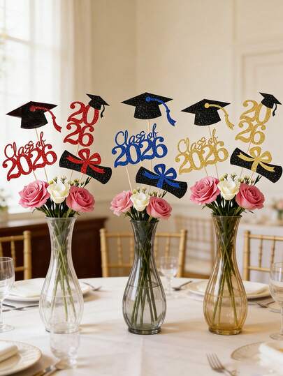 4pcs Glitter Graduation Ceremony Desktop Decor Sticks, 2026 Graduation Cap & Diploma Desktop Decorations, 2026 High School/University Graduation Party Supplies