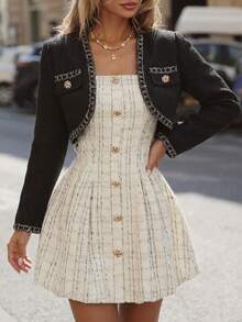 Women's Elegant Black Tweed Contrast Trim Cropped Jacket - Black - View 1