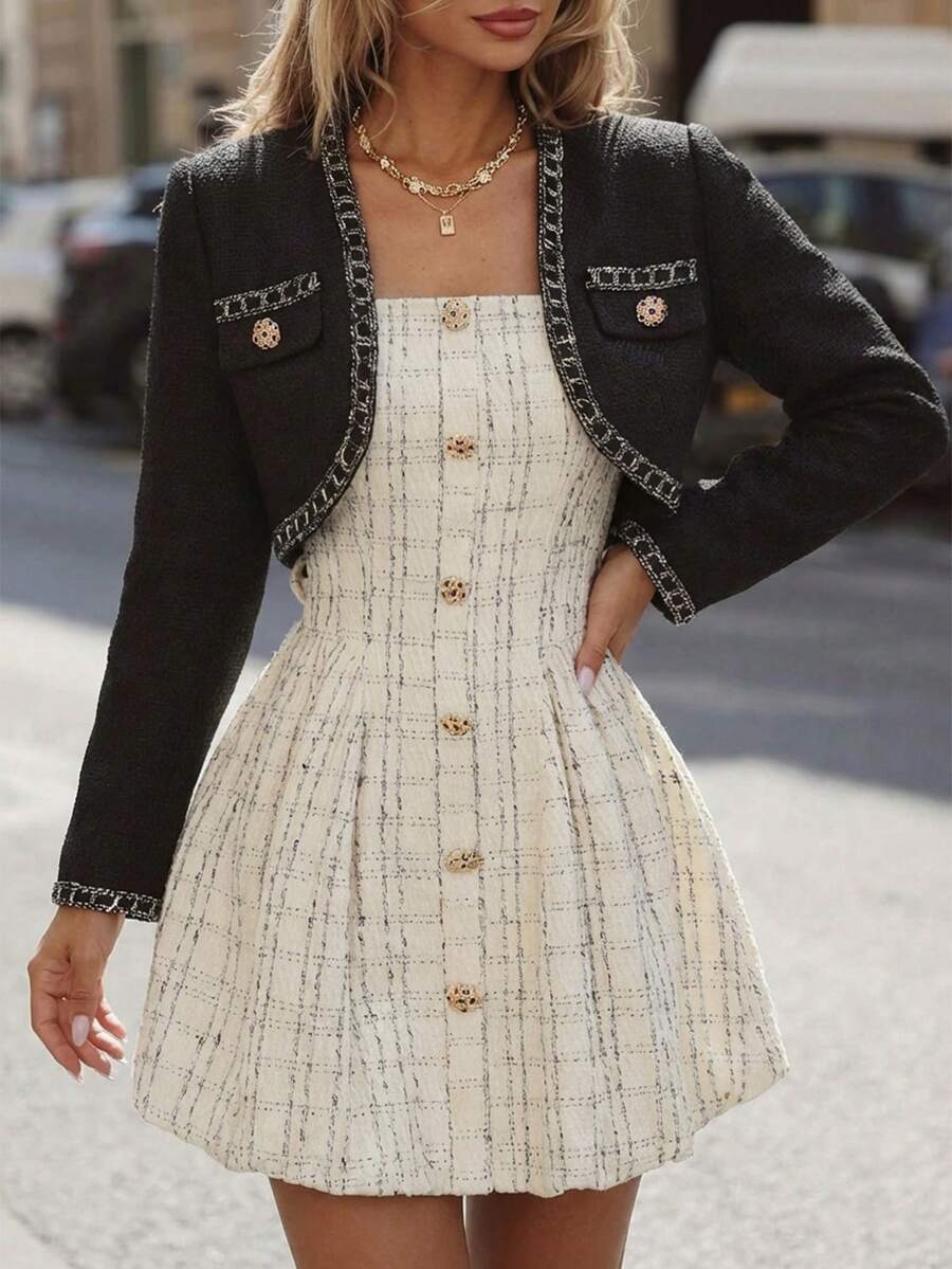 Women's Elegant Black Tweed Contrast Trim Cropped Jacket - Black - View 1