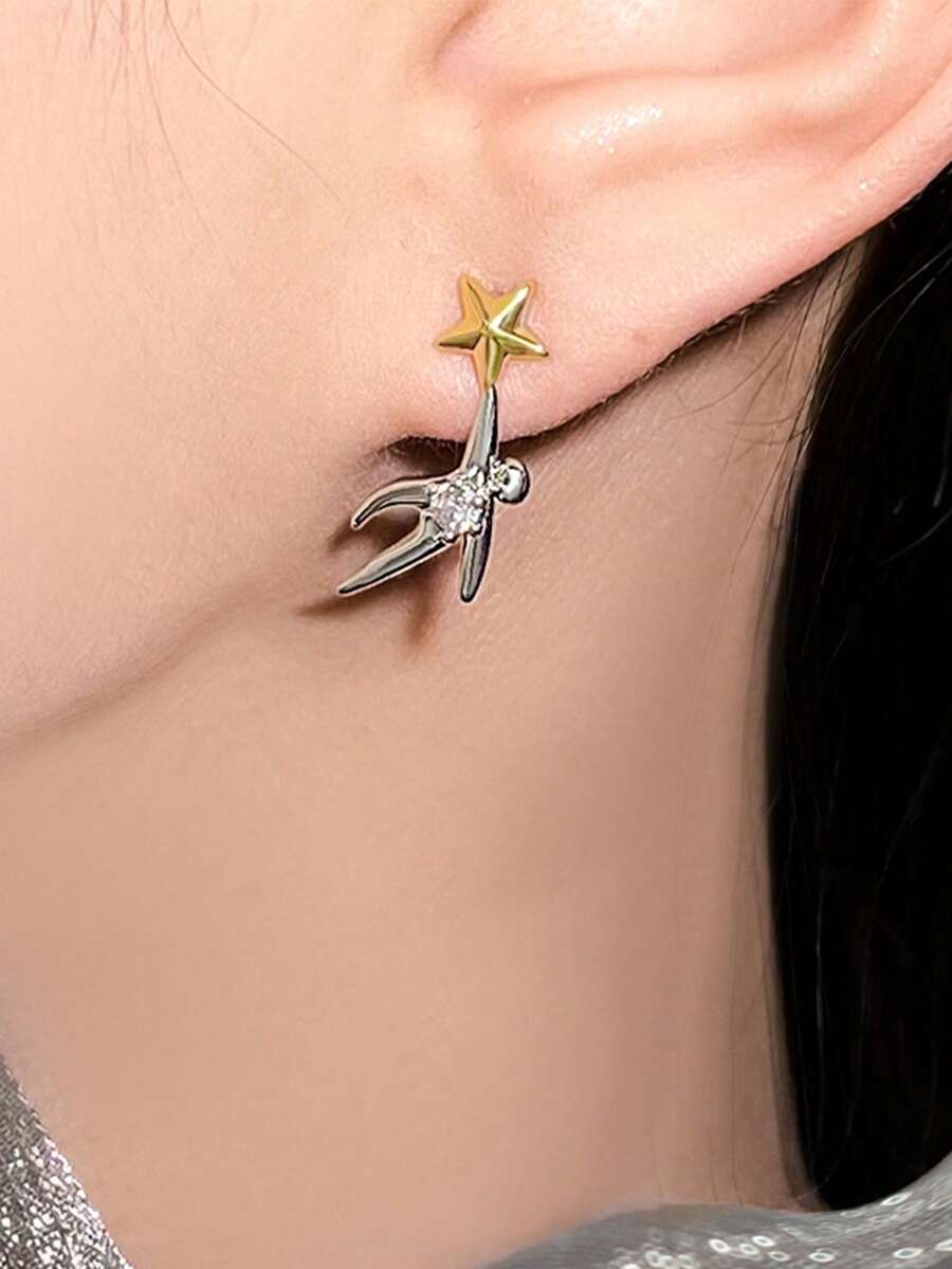 一对925纯银针星月锆石耳环，可爱星月小人儿耳环，适合女性日常佩戴，母亲节、感恩节、生日礼物 - 銀色 - 查看 1