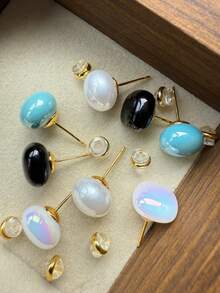 4pcs Set French Minimalist Bun Faux Pearl Stud Earrings, Elegant Square Earrings, Versatile Formal & Casual Wear Earring Set For Women - Set E - View 3