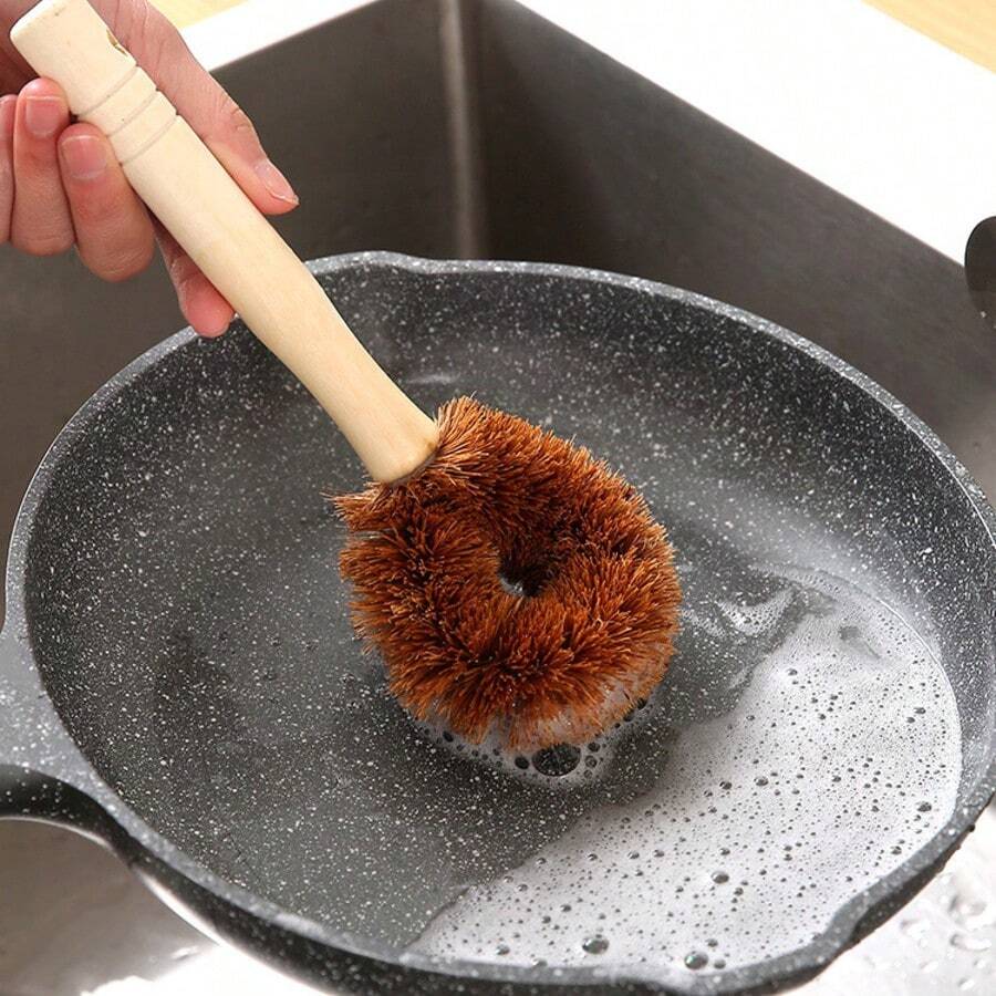 1 pieza Cepillo limpiador de ollas de fibra de coco, mango de madera largo, sin rayones, sin aceite pegajoso, herramienta de limpieza de ollas de cocina - A - Ver 1