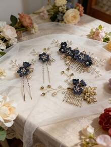 4 cái hoa trang trí mũ cô dâu - Màu xanh lam - Xem 6