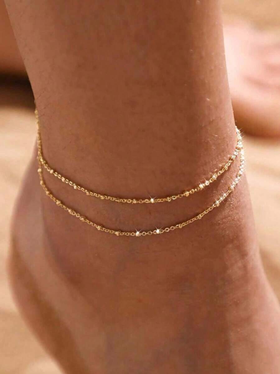 1pc Fashionable Versatile Sexy Double-Layer Anklet, Suitable For Women's Daily Wear, Beach Vacation, Summer Gift - Gold - View 1