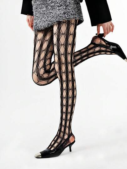 A Black Sexy Hot Girl Hollow Mesh Sock Punk Gothic Style Y2k Pantyhose Suitable For Daily Parties, Outings, Etc
