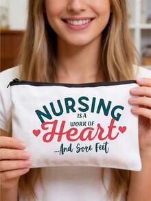 [Multiple Options] Nurse-Themed Colorful "NURSE" Letter And Medical Graphic (E.G. Stethoscope, Syringe) Decorated Cosmetic Storage Bag / "NURSING IS A WORK OF HEART" Heartwarming Slogan Print, White Canvas, Portable Multi-Function Toiletry Bag And Medical Supplies Storage Pouch Make Up Bag Cosmetic Bag Makeup Pouch Wash Bag Makeup Storage Durable Mothers Day Gift Holiday Essentials Mother Gifts - Multicolor - View 2