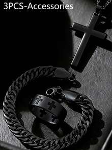 Bộ 4 món đồng hồ nam thạch anh tối giản dành cho doanh nhân, bộ đồng hồ thạch anh chronograph đa chức năng màu đen cá tính dành cho nam, bao gồm đồng hồ dây kim loại đen, vòng tay, dây chuyền và nhẫn. Điểm nhấn là sự tương phản màu đen cá tính và kết cấu kim loại mạnh mẽ, chiếc đồng hồ có thiết kế sâu lắng. - màu đen - Xem 2