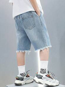 Nuevos shorts vaqueros azules básicos y sencillos con efecto desgastado de moda, para primavera/verano - Azul - Ver 2