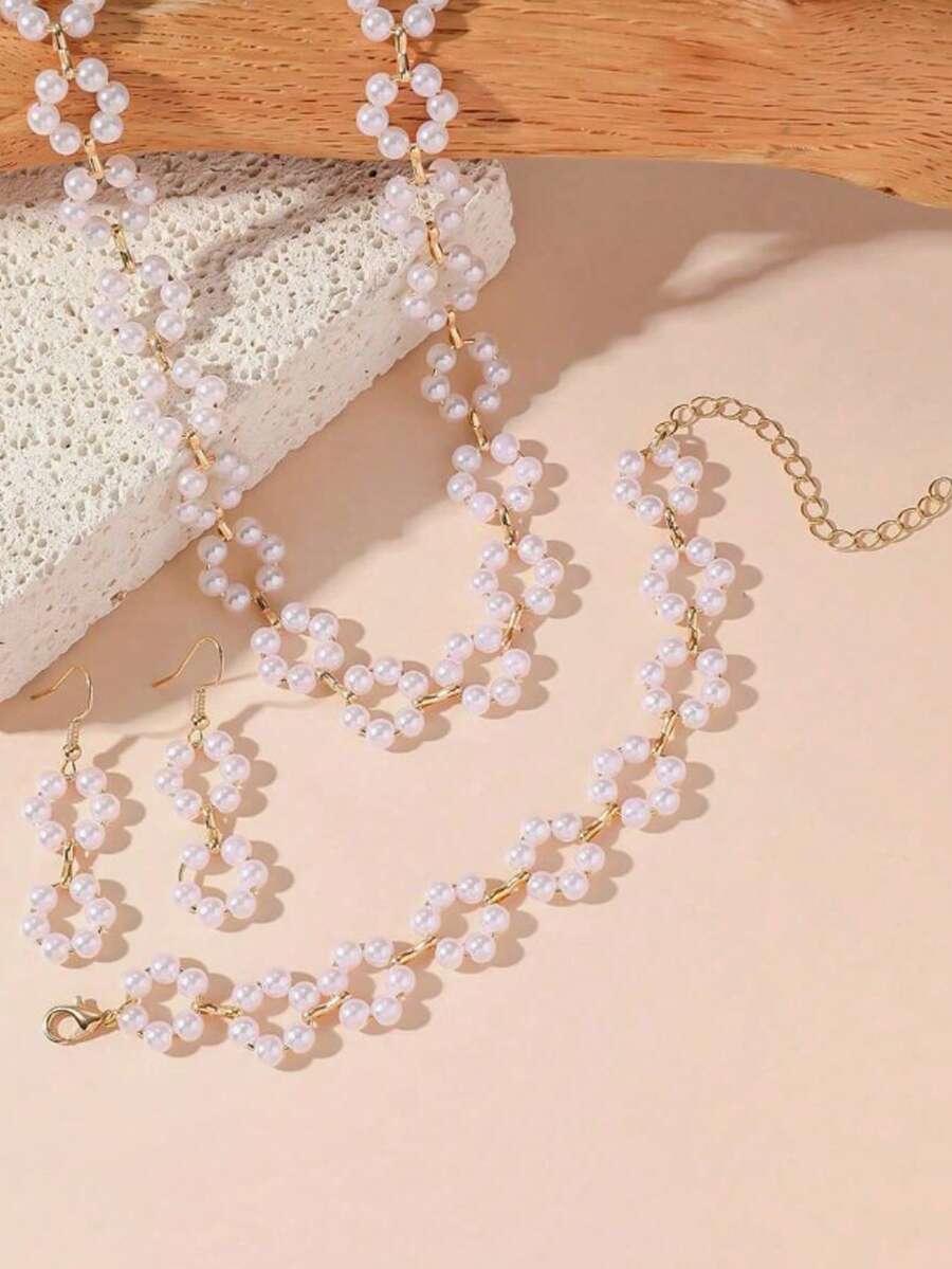 Nuevo conjunto de 3 piezas de lujo y elegante con collar de perlas, pulsera y aretes, collar tipo choker de diseño bohemio - Multicolor - Ver 1