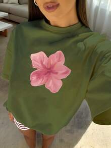 1pcs Plus Size Women's Loose Fit T-Shirt, Printed With Watercolor Pink Hibiscus Flowers, Perfect For Tropical Vacations, Beach Dates, Summer Parties - 橄欖綠 - 查看 5
