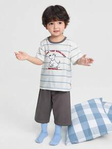 Balabala Bộ đồ ngủ ngắn tay và quần short kẻ sọc cho bé trai tuổi teen, chất liệu nhẹ, thoáng khí, nhanh khô, thích hợp cho mùa xuân/hè. - tông màu xám - Xem 3
