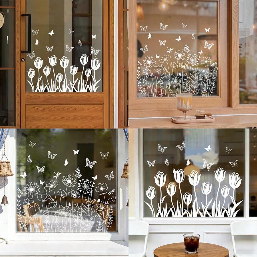 1 pieza Película de ventana con tulipán blanco y mariposa, adhesivo de vinilo con efecto estático para ventanas, puertas de casa, oficina y tienda, decoración floral para ventanas - Multicolor - Ver 1