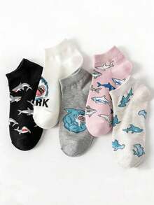5 Pairs Unisex Spring/Autumn Crew Socks, Unique Cartoon Shark Low-Cut Breathable Slip-On Socks - Multicolor - View 5