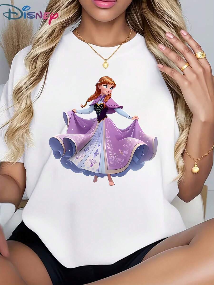 Disney Comfortable Heavyweight Cotton Women's Loose Short-Sleeve Top, Frozen Anna Princess Graphic Print, Sweet Everyday Outfit, Oversized TeeCrafted From Soft, Comfortable, And Durable Pure Cotton Fabric, This Round-Neck T-Shirt Is An Ideal Choice For The Spring And Summer Seasons. Suitable For A Wide Range Of Occasions-Including Daily Wear, Shopping, Parties, Travel, And Social Gatherings-It Also Makes For An Exquisite Gift. - White - View 1