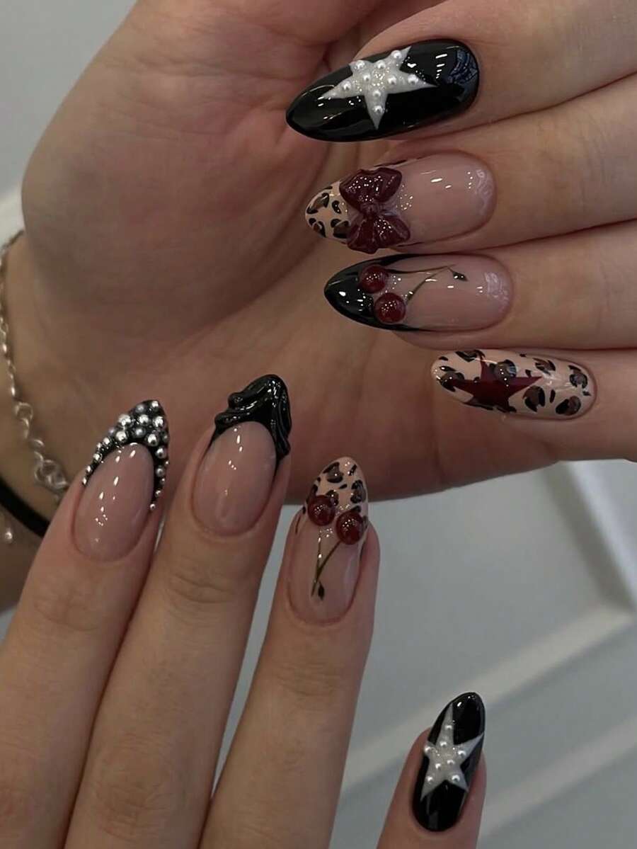 24pcs Black 3D Rhinestone Nail Stickers, 3D Butterfly Leopard Print & Star Cherry Design, Salon Quality Nail Art Decals With Nail Tools, Ideal For Women - Multicolor - View 1