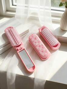 1pc Pink Foldable Comb With Daisy & Heart Print, Compact Design With Built-In Mirror, Portable For Women, Suitable For Travel & Gift - Multicolor - View 11