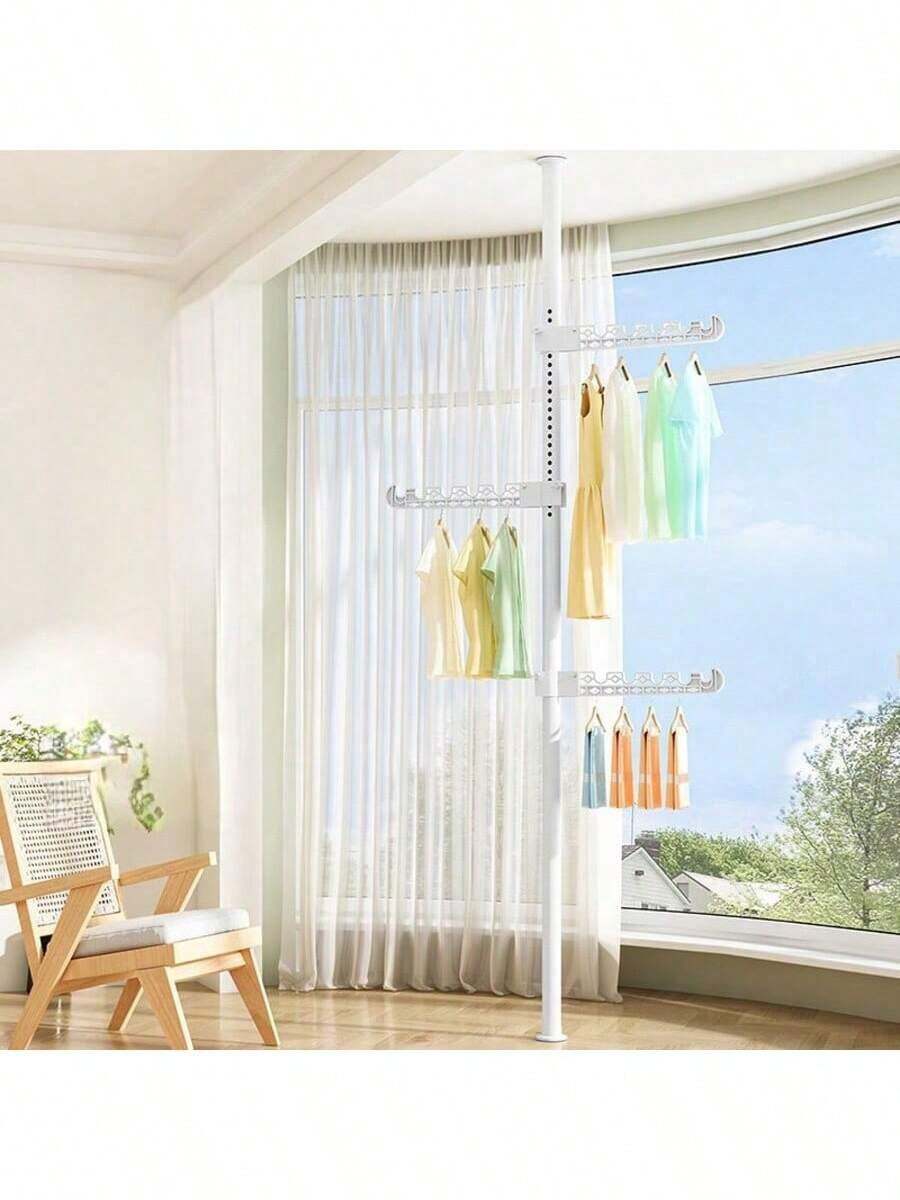 Floor-Standing Clothes Drying Rack For Home Use In Bedroom, Floor-Standing Clothes Drying Rack For Balcony Window, Free Of Punching, Retractable Rod - Three Wings - View 1