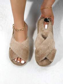 Damen Mode flauschige Kunstfell Slip-On Hausschuhe, weich & leicht Innen Hausschuhe, leise Teppich Hausschuhe - Kaffeebraun - Übersicht 3