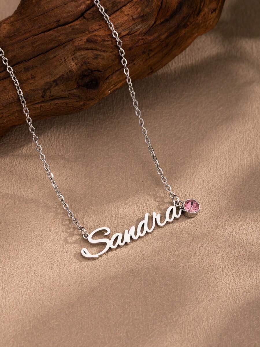 Dây chuyền khắc tên theo yêu cầu, dây chuyền thép không gỉ cá nhân hóa với đá quý theo tháng sinh, dây chuyền mặt khắc tên cho bé gái, quà tặng ngày Valentine, quà tặng ngày của Mẹ cho mẹ. - Vàng hồng + Kiểu 2 - Xem 1