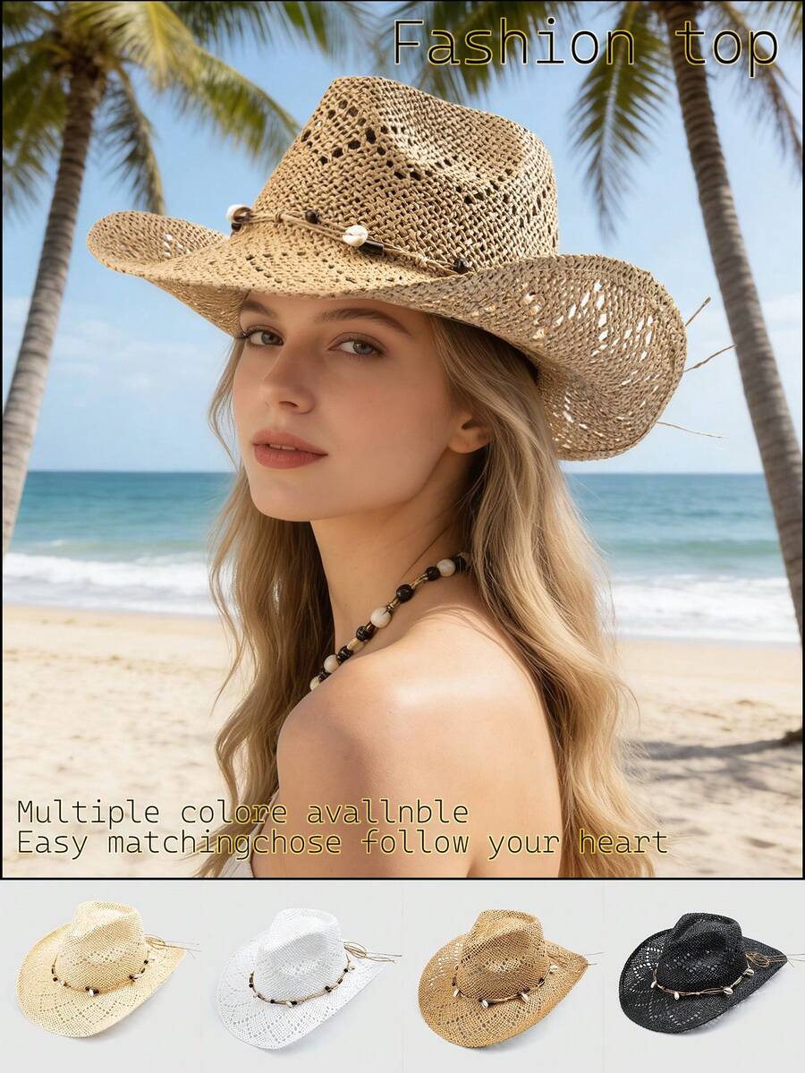 1顶男女通用木珠贝壳装饰西部牛仔帽，镂空印花草编遮阳帽，适合春夏旅行、海滩、休闲佩戴（帽檐可能因变形而在收到产品后需要手动调整）