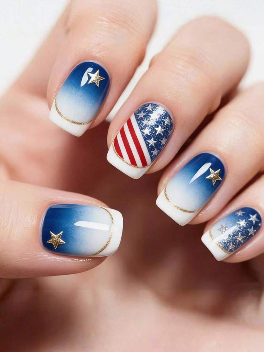 24 pièces Faux ongles courts carrés avec dégradé d'étoiles et motif du drapeau américain, comprend 1 pièce de vernis gel et 1 pièce de lime à ongles, convient pour les fêtes, les événements et le port quotidien, pour les femmes et les filles, livré avec des outils de manucure, ensemble polyvalent de nail art - Multicolore - Voir 1