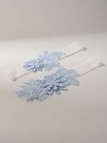 2pcs/Set Fashionable White Lace Blue Faux Pearl Flower Romantic Wedding Bride Bridesmaid Sexy Suspender Garter Leg Chain Set (Random Pattern) Valentine's Day Valentines - 天藍色 - 查看 7