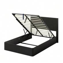 Modern Bed With Grooved Design And Hydraulic Lift System – Large Storage Space, Stable Solid Wood Slats, Easy-Care Surface – 140 X 200 Cm – Black - Black - View 7